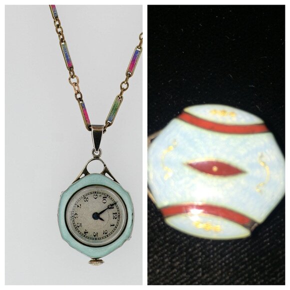 Vintage Lady's Enamel Pocket Watch & Chain 1930's Art Nouveau Speck Watch German - Picture 1 of 10